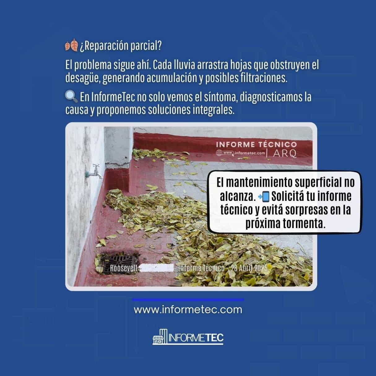 Vista de las filtraciones en la terraza del edificio Roosevelt, parte del informe técnico de evaluación.