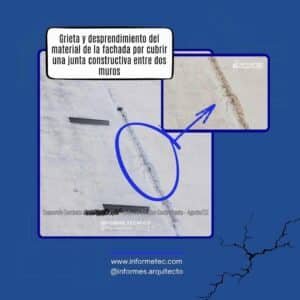 Grieta y desprendimiento de fachada observada durante informe técnico