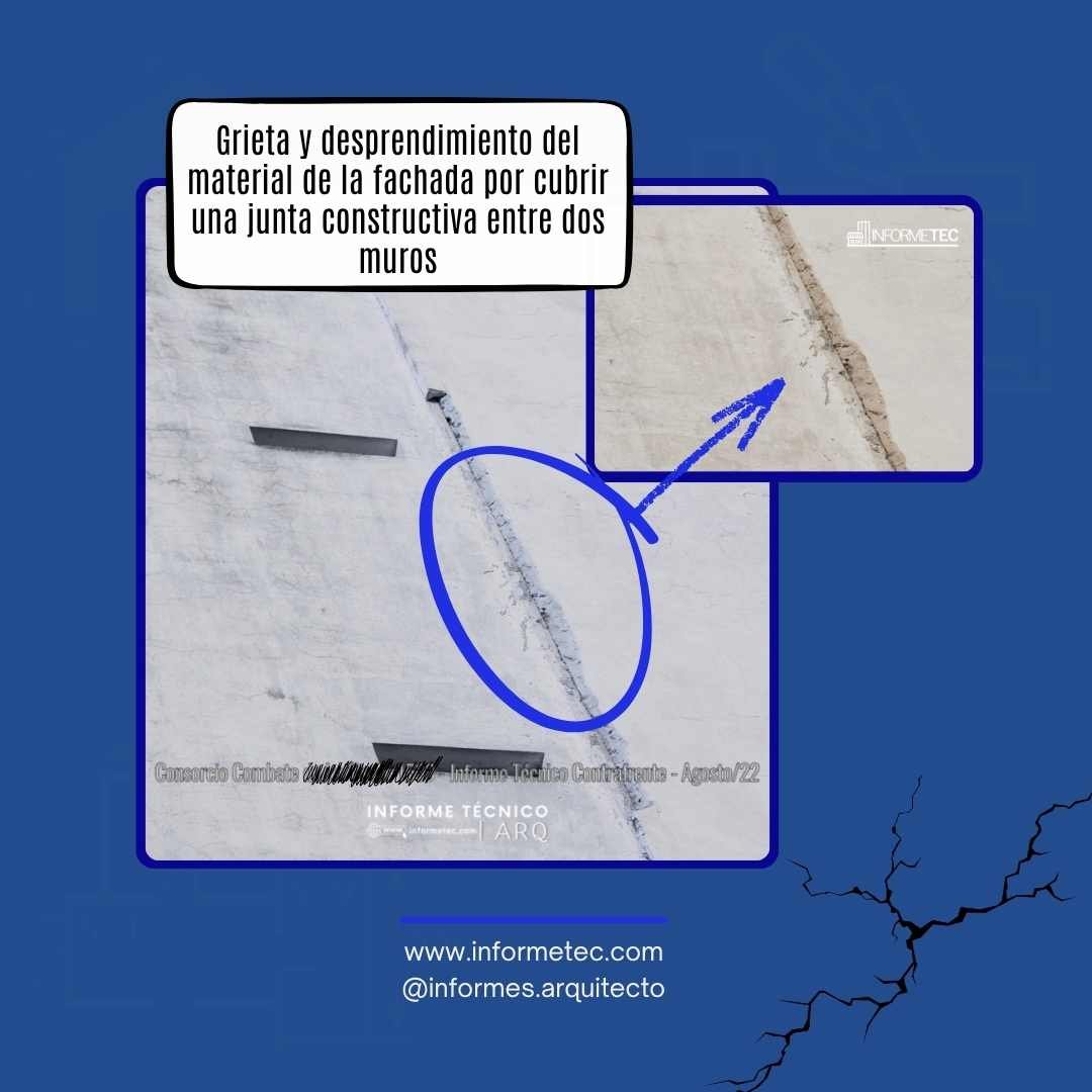 Grieta y desprendimiento de fachada observada durante informe técnico