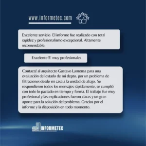 Opiniones de clientes sobre el trabajo del Arquitecto Gustavo Lamensa de InformeTec y sus informes técnicos edilicios