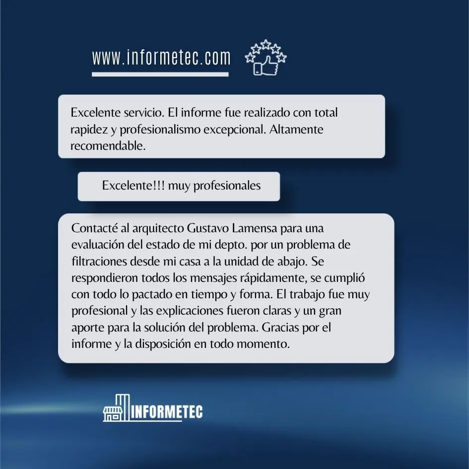 Opiniones de clientes sobre el trabajo del Arquitecto Gustavo Lamensa de InformeTec y sus informes técnicos edilicios