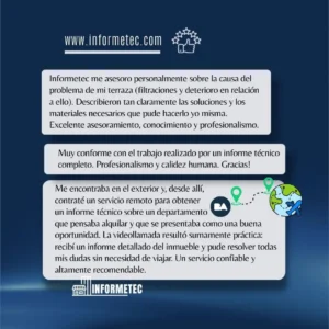 Reseña de cliente desde el exterior sobre el informe tecnico recibido por el Arquitecto Gustavo Lamensa de InformeTec