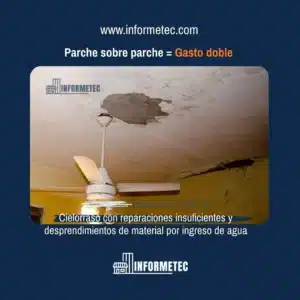 Inspección de patologías de la construcción mostrando desprendimiento de revoque y pintura en cielorraso por filtración de agua. Informe técnico edilicio de Informetec para detectar problemas de humedad de cimiento y estructurales en departamentos.
