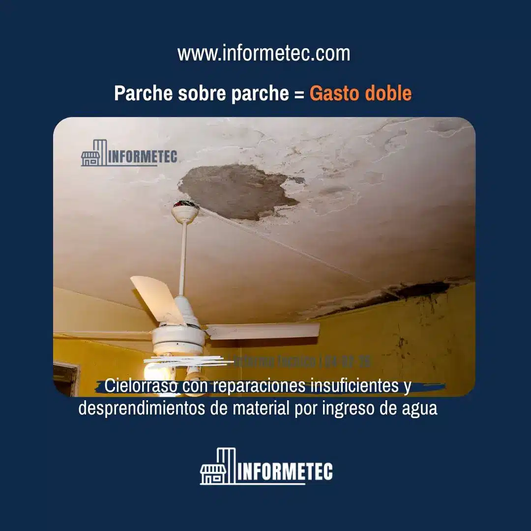 Inspección de patologías de la construcción mostrando desprendimiento de revoque y pintura en cielorraso por filtración de agua. Informe técnico edilicio de Informetec para detectar problemas de humedad de cimiento y estructurales en departamentos.